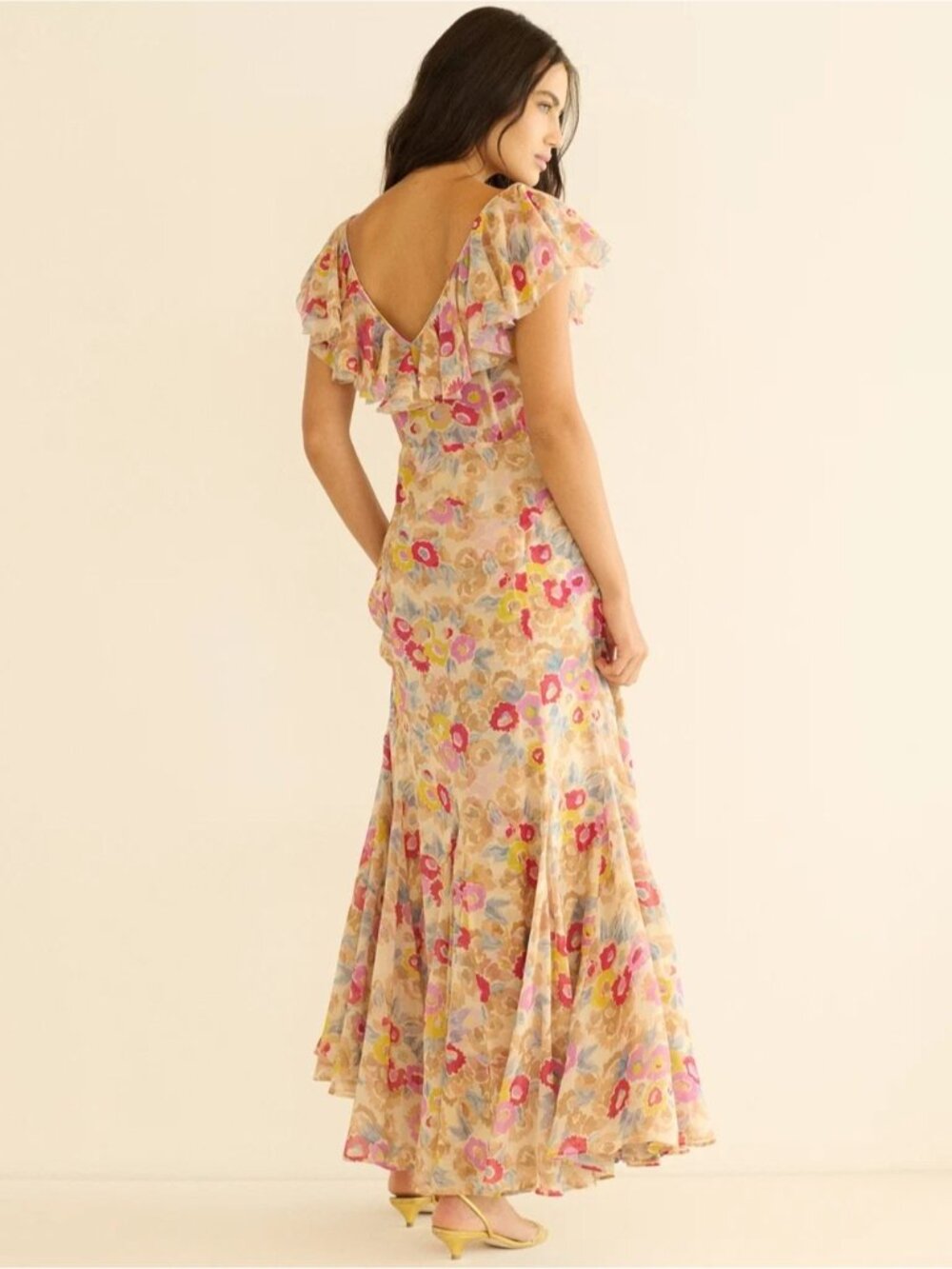 NEW DOEN Amerelle Silk Long Dress Jardin De Camelias Beige Pink Floral US XS - Picture 4 of 16